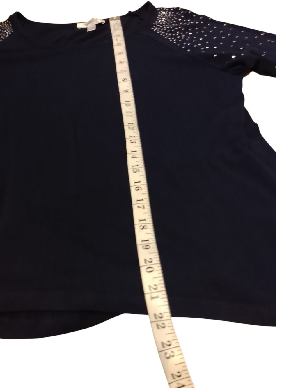 dressbarn Navy Long Sleeve Top with Studded Shoulder Accents -   Pxl